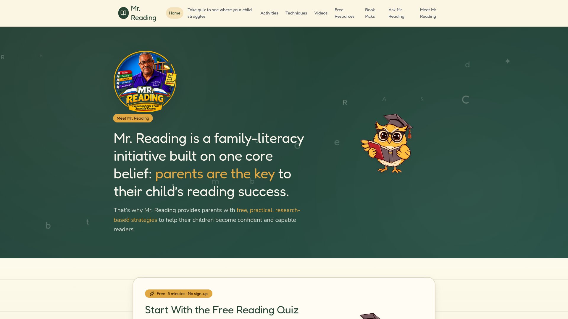 Homepage screenshot of the Mr. Reading website